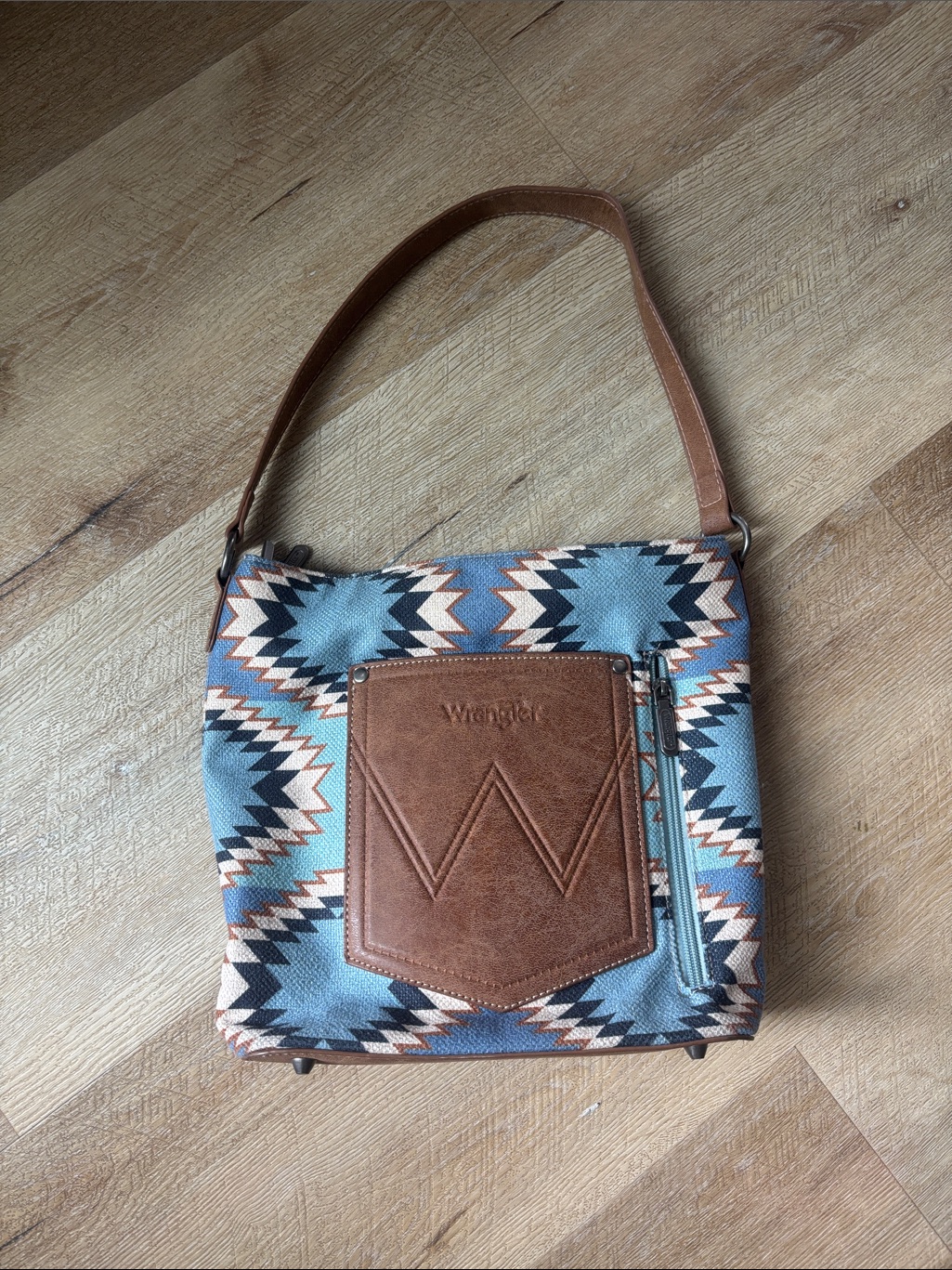 Wrangler Blue Aztec Crossbody With Brown Leather Pocket